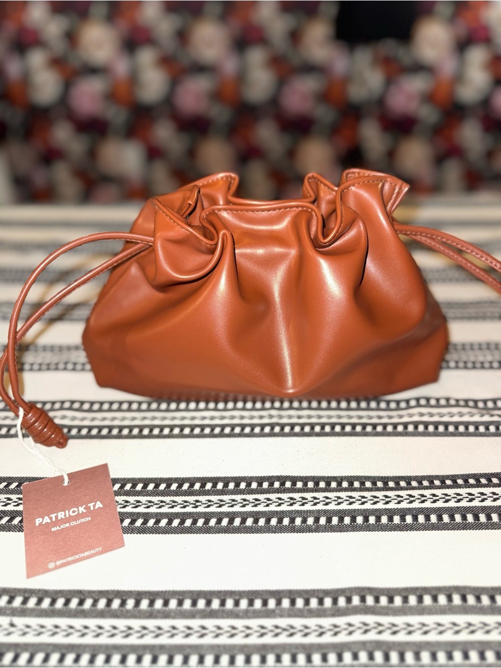 NWT Patrick Ta Brown Faux Leather Drawstring Pouch Clutch with Magnetic Closure